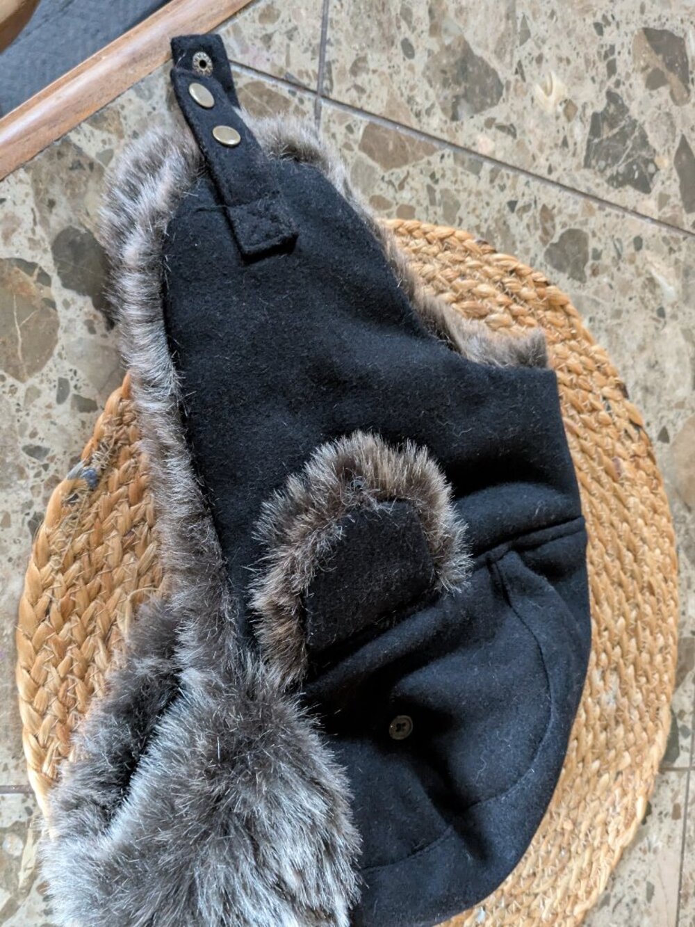 men's trapper hat black with brown faux fur w/ flaps, buttons, chin strap #776